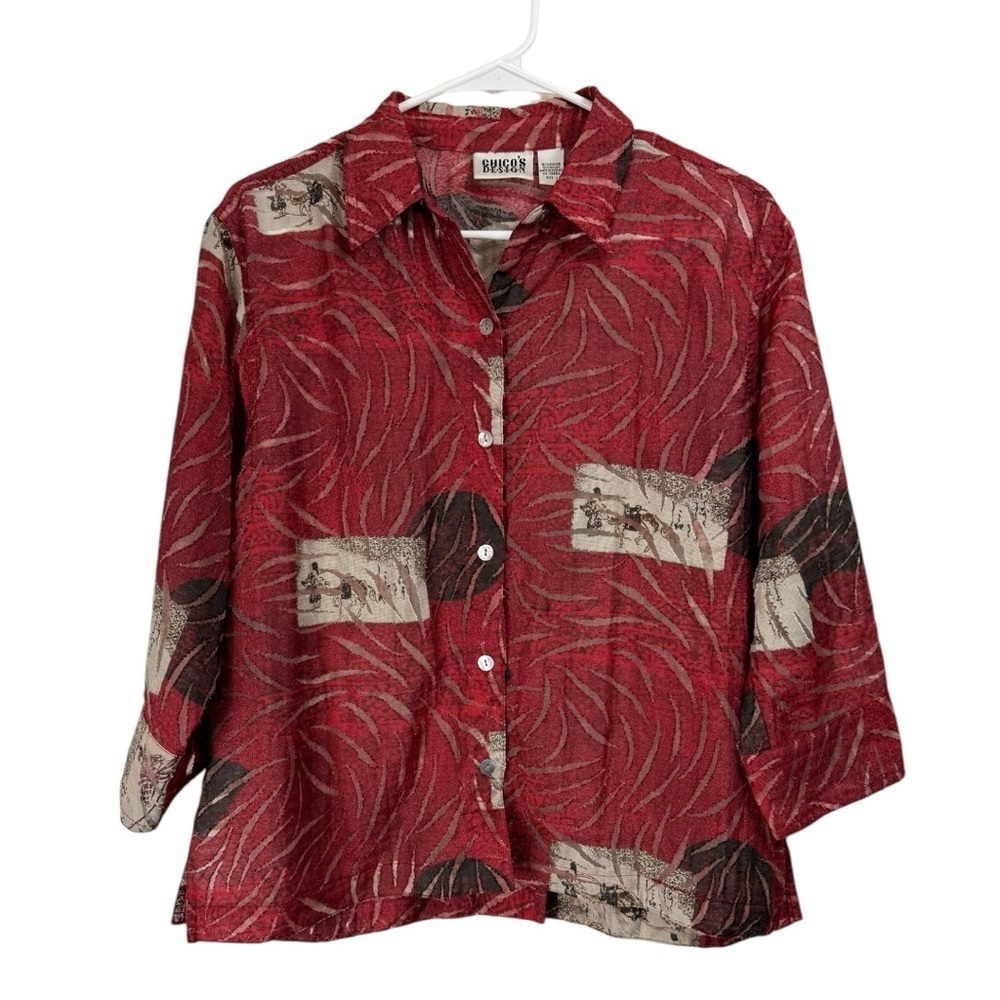 Vintage Chico's Design Size 1 Medium Rayon Button Top Burnout Art to Wear Red